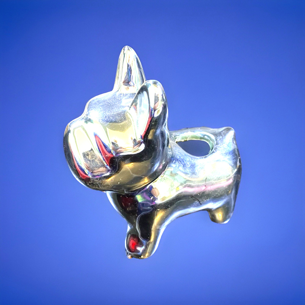 Silver Chrome Finish French Bulldog Ceramic Candle Holder 4.5"T x 4"L x 2"W